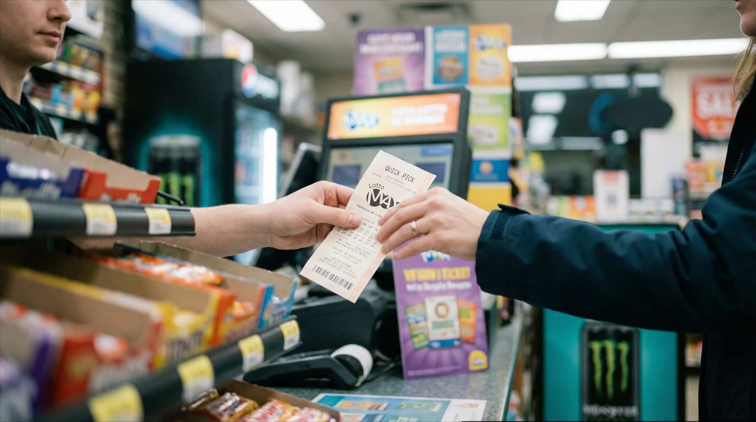 Hands exchanging lottery ticket at convenience store counter — the moment before the $60 million win